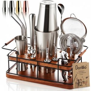Barillio® Mixology Silver Bartender Kit With Elegant African Mahogany Stand