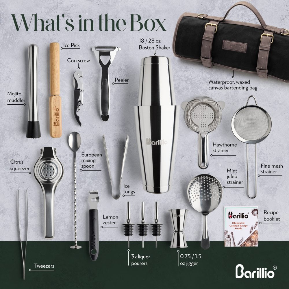 Travel Bartender Kit With Black Canvas Bag - Silver Tools | Barillio®