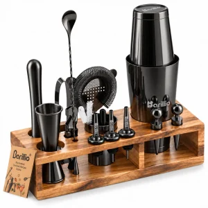Barillio® Mixology Black Bartender Kit With Elegant Acacia Stand