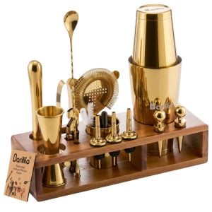 Silver 22-Piece Bartender Kit With Acacia Wood Stand | Barillio®