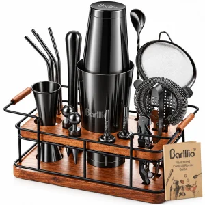 Barillio® Mixology Black Bartender Kit With Elegant African Mahogany Stand