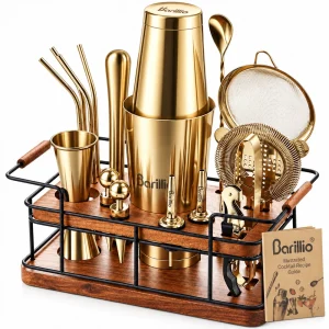 Barillio® Mixology Gold Bartender Kit With Elegant African Mahogany Stand