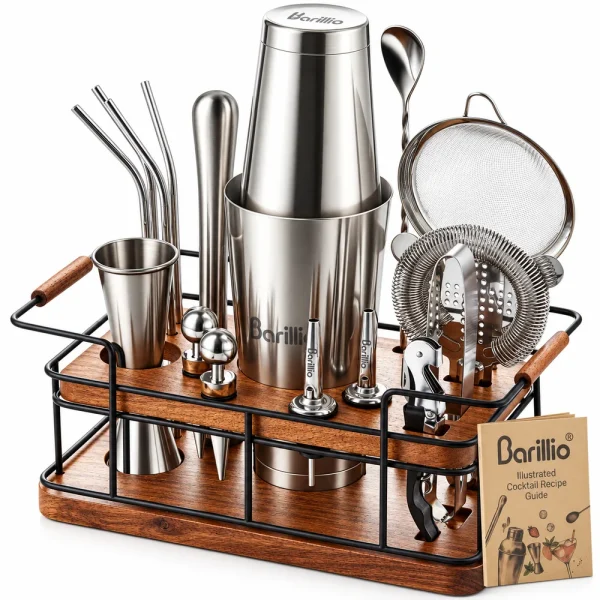Barillio® Mixology Silver Bartender Kit With Elegant African Mahogany Stand