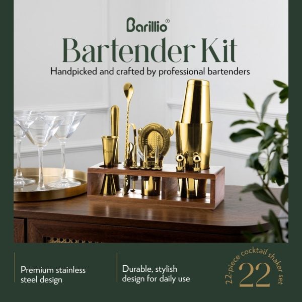 Mixology Gold Bartender Kit With Elegant Acacia Stand shown with the included bar tools