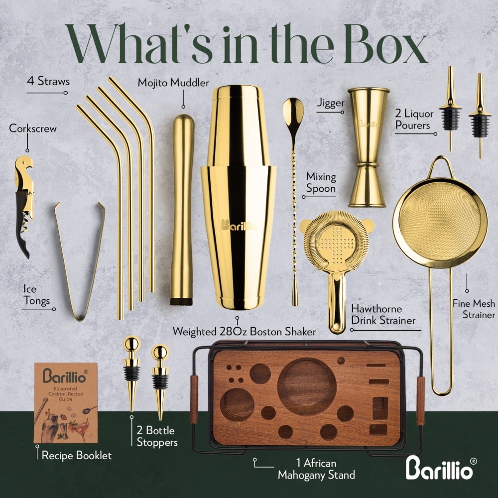 Gold 18-Piece Bartender Kit With Mahogany Stand | Barillio®