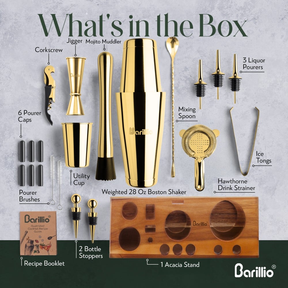 Gold 22-Piece Bartender Kit With Acacia Wood Stand | Barillio®