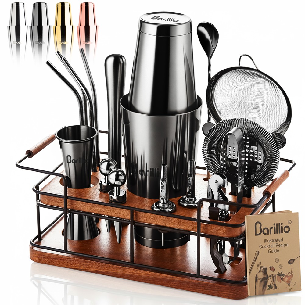 Barillio® Mixology Black Bartender Kit With Elegant African Mahogany Stand