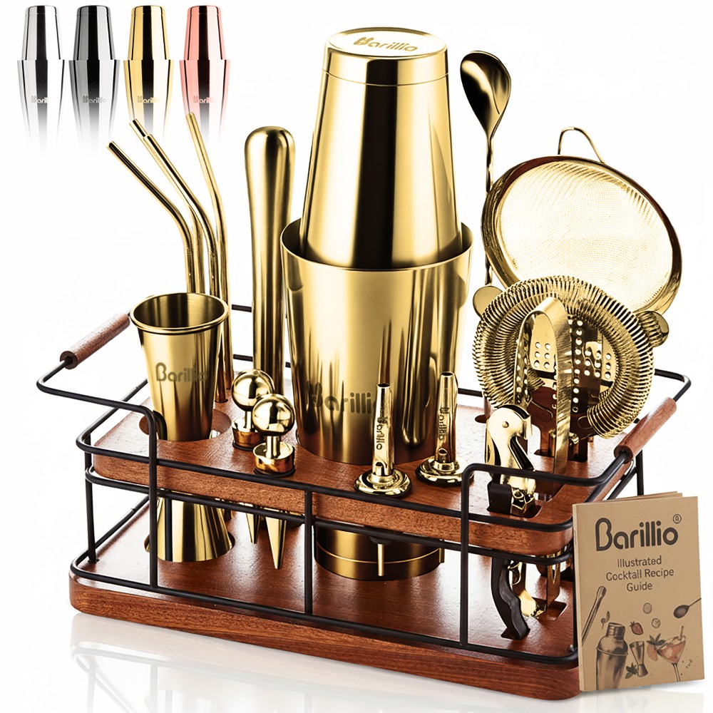 Barillio® Mixology Gold Bartender Kit With Elegant African Mahogany Stand