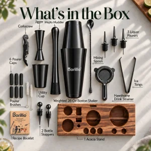 Barillio® Mixology Black Bartender Kit With Elegant Acacia Stand