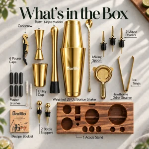 Barillio® Mixology Gold Bartender Kit With Elegant Acacia Stand