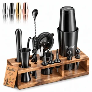Barillio® Mixology Black Bartender Kit With Elegant Acacia Stand
