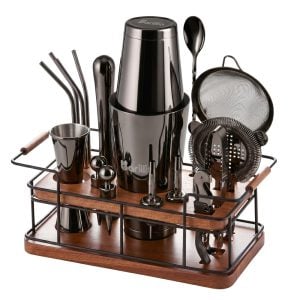 Barillio® Mixology Black Bartender Kit With Elegant African Mahogany Stand