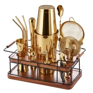 Barillio® Mixology Gold Bartender Kit With Elegant African Mahogany Stand
