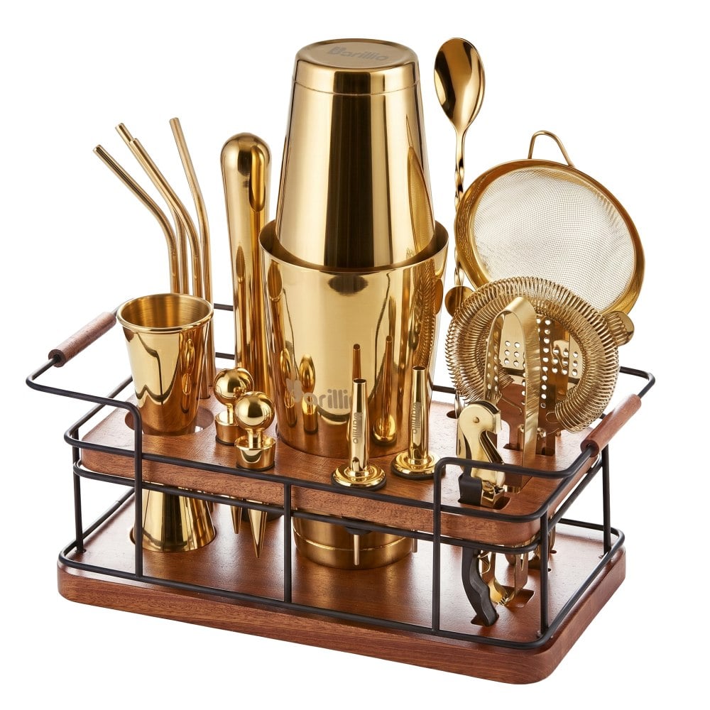 Gold 18-Piece Bartender Kit With Mahogany Stand | Barillio®