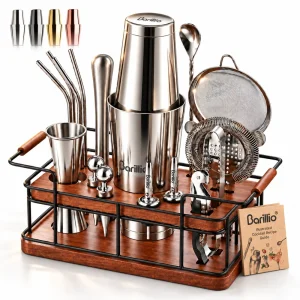 Barillio® Mixology Silver Bartender Kit With Elegant African Mahogany Stand