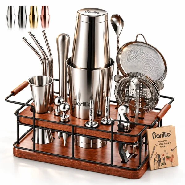 Barillio® Mixology Silver Bartender Kit With Elegant African Mahogany Stand
