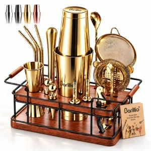 Barillio® Mixology Gold Bartender Kit With Elegant African Mahogany Stand
