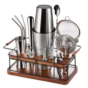 Barillio® Mixology Silver Bartender Kit With Elegant African Mahogany Stand