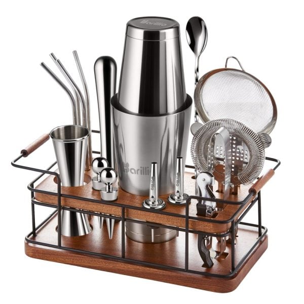 Barillio® Mixology Silver Bartender Kit With Elegant African Mahogany Stand