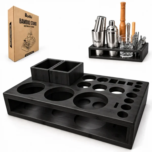 Barillio® Complete Bar Tool Set - Bamboo Stand (Black)