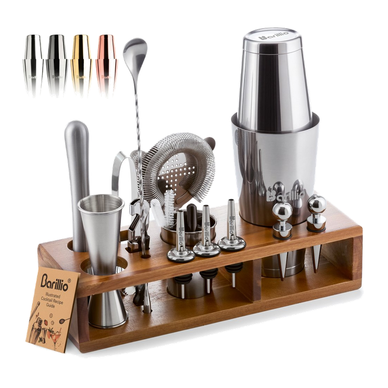Large bartender kit with stainless-steel tools and acacia wood stand
