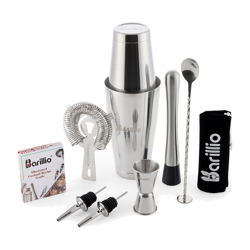 Silver Boston shaker set with weighted tins, bar tools and storage bag