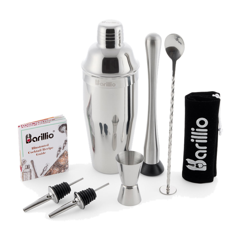 Silver Cobbler cocktail shaker set with built-in strainer and bar tools