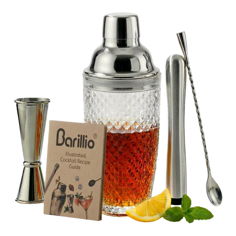 Crystal glass cocktail shaker set with jigger, spoon and strainer