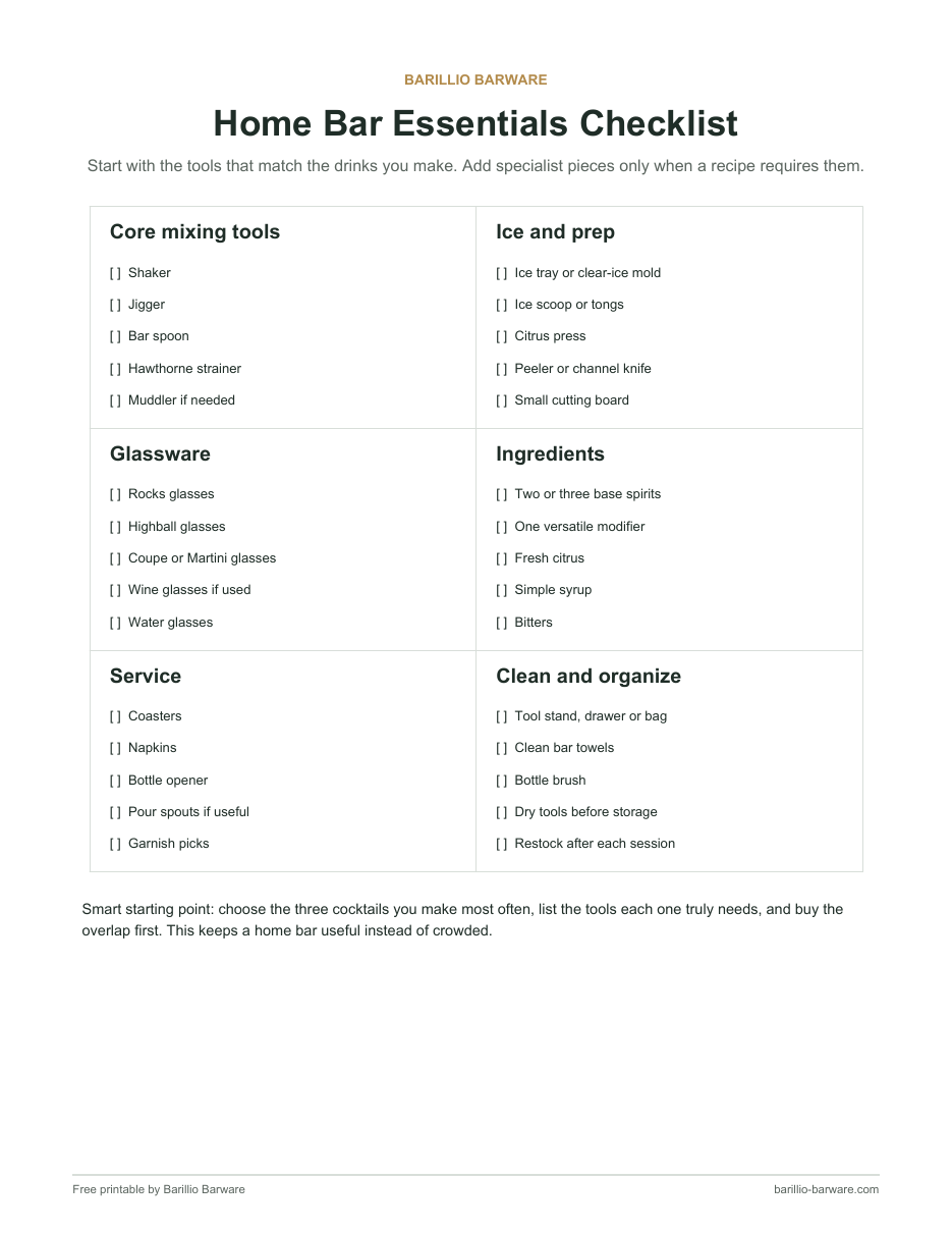 Home bar essentials checklist for tools, glassware, ingredients and service