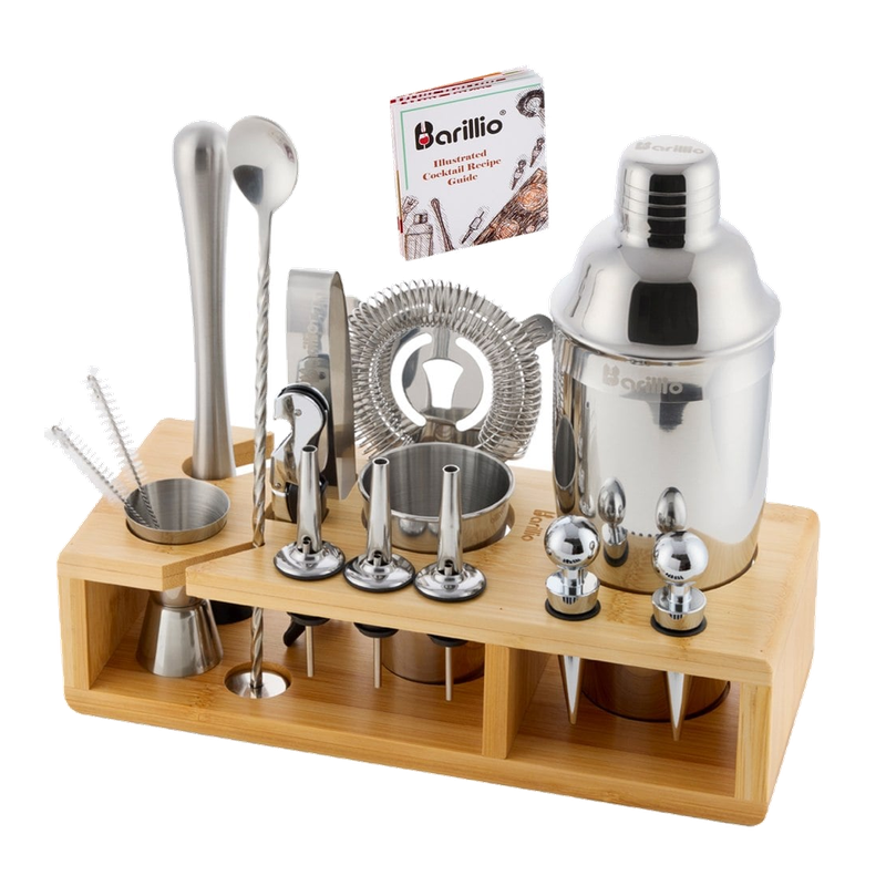Large bartender kit with Cobbler shaker and bamboo display stand