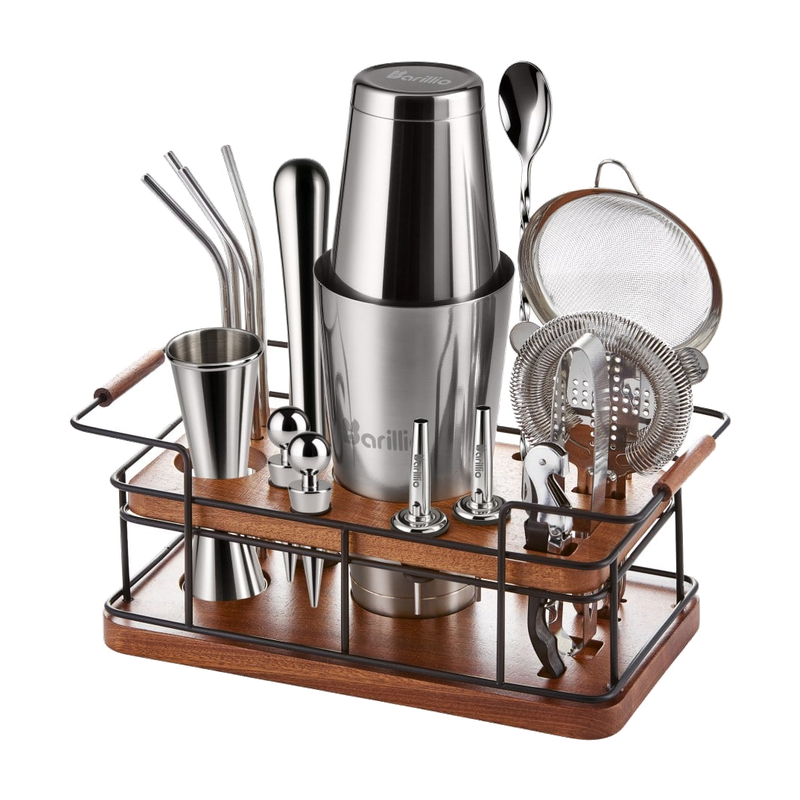 Large bartender kit with stainless-steel tools and mahogany stand