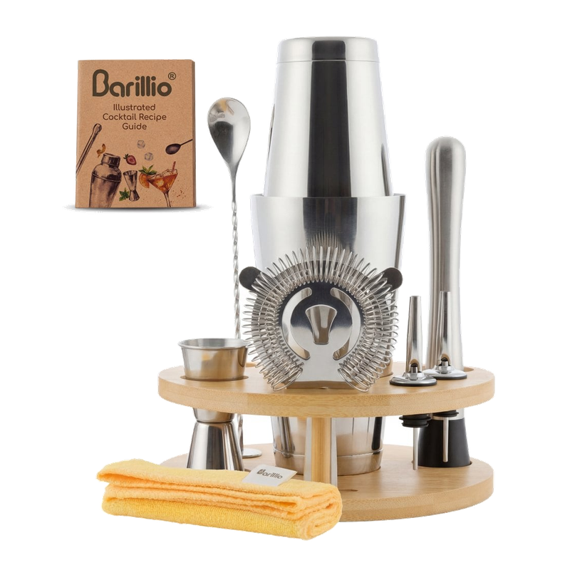 Small Boston shaker set with tools on a rounded bamboo stand