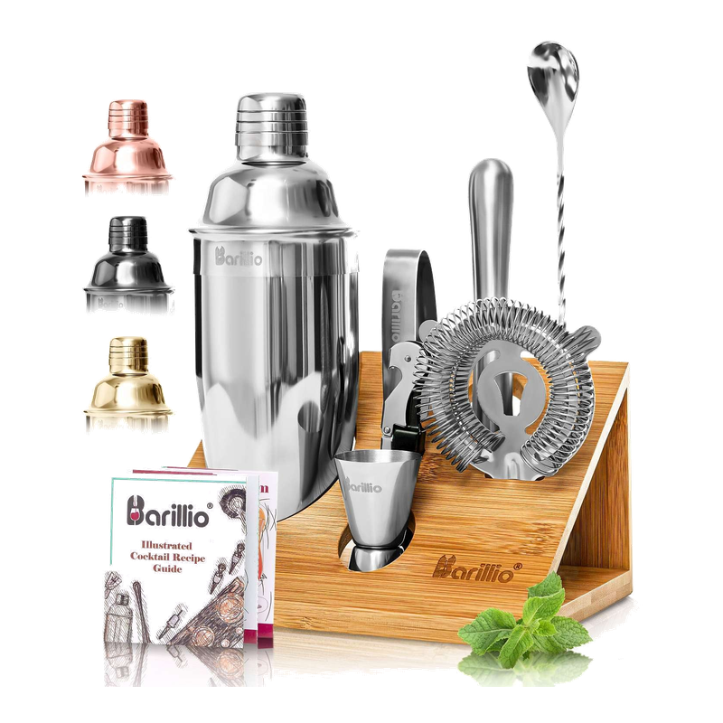 Small Cobbler shaker set with tools on a compact bamboo stand